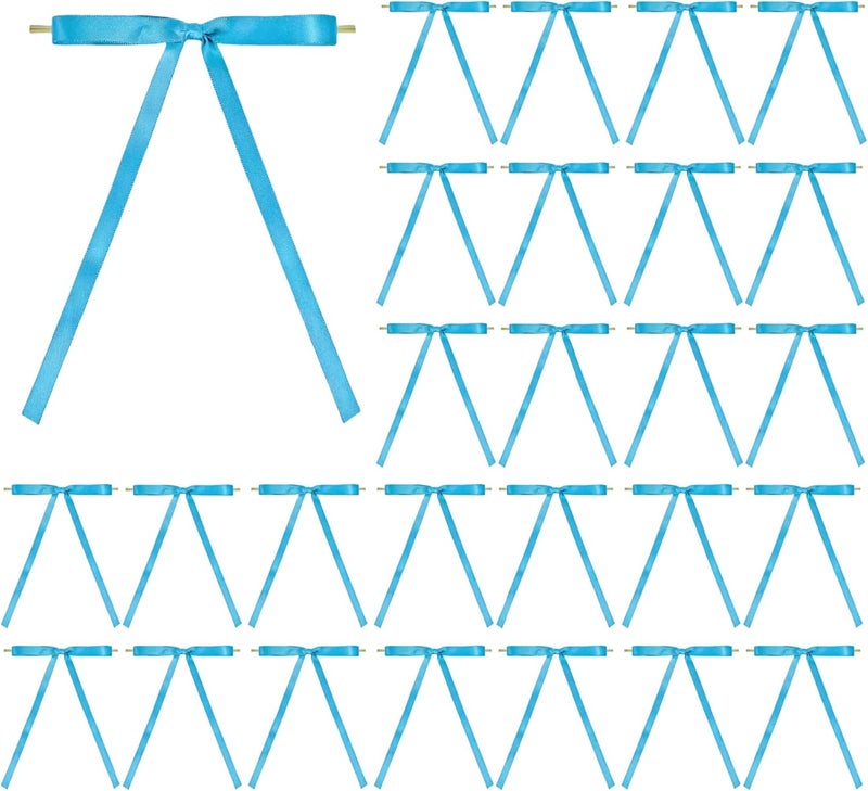 Meseey 30 Pcs Satin Bows with Twist Tie 5 x 7 Inch Pretied Premade Ribbon Bows for Tree Wreath Garland Home Decor Indoor Outdoor Decorations (Turquoise Blue) - Image 1
